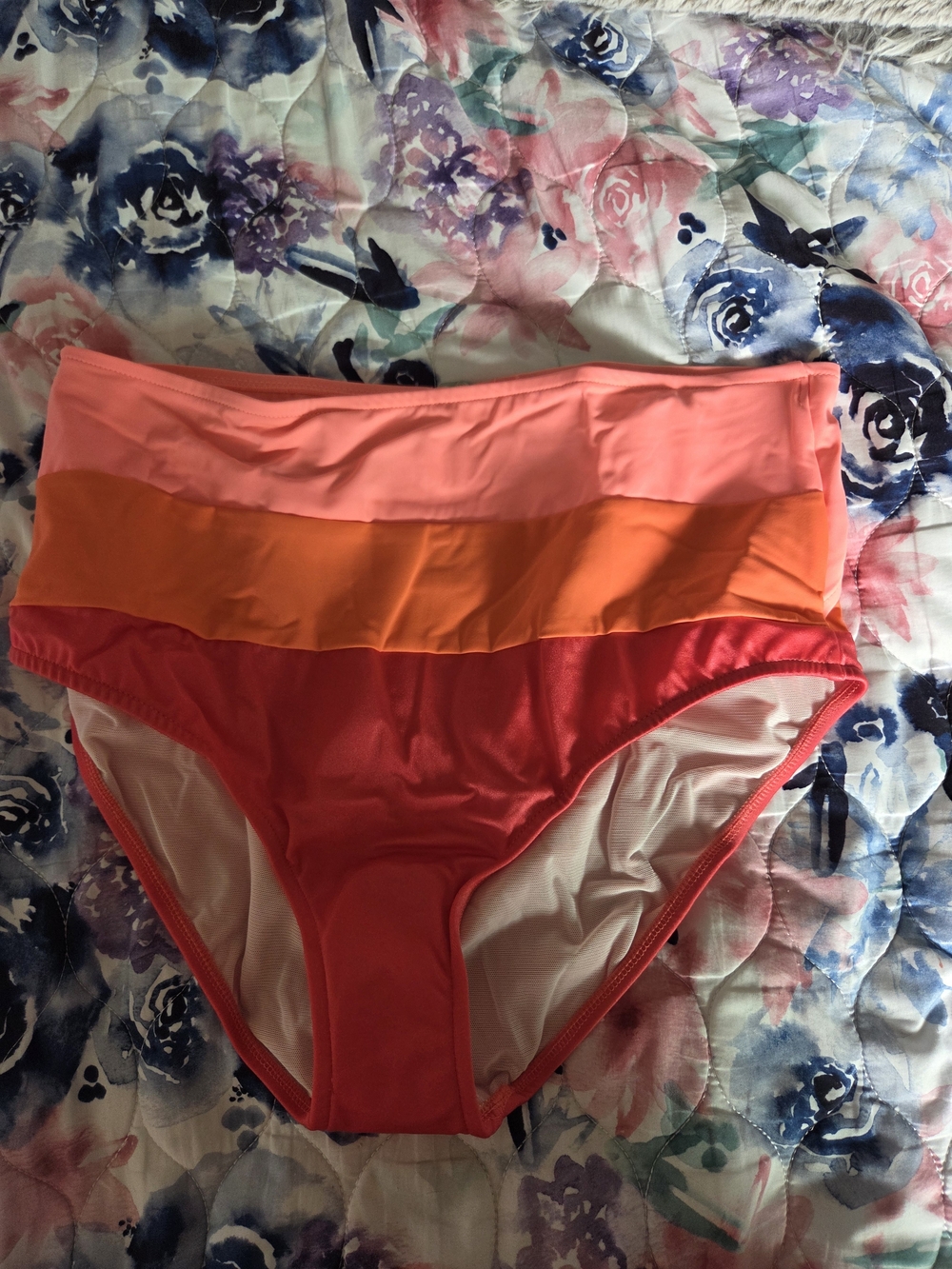 VENUS High-Waist Colorblock Bikini Bottoms in Pink, Orange & Coral
